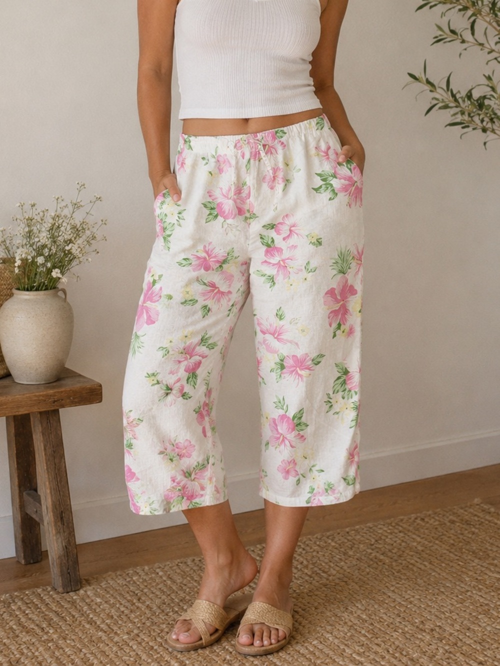 Stephanie Rogers Linen Blend Floral Garden Drawstring Wide Leg Cropped Pants XL